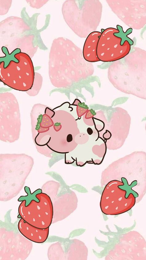 Strawberry Cow Wallpaper, Griffonnages Kawaii, Cow Wallpaper, Cute Home Screen Wallpaper, Strawberry Cow, Iphone Wallpaper Kawaii, Girly Drawings, Cute Simple Wallpapers