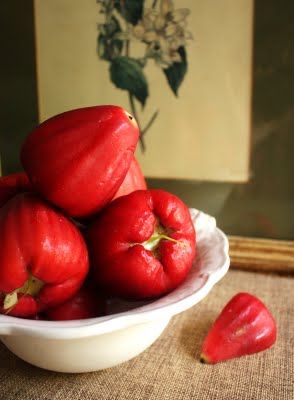 Wax Apples - the first piece of fruit I *had* to buy in Taiwan.  Just recently learned that in parts of the country they are grown with a white paper bag around each fruit to keep pests off and the skin perfectly smooth. Odd Plants, Mauritius Food, Plum Juice, Apple Water, Rose Apple, Spicy Dipping Sauce, Apple Rose, Puerto Rican Cuisine, Nature Gifts