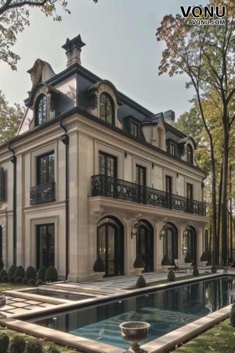 Classic French Chateau with Pool Modern French Mansion, French Chateau House, French Chateau Exterior, Monochrome Hallway, Chateau Exterior, Modern French Chateau, Surrey House, Beautiful Houses Exterior, Creative Bathroom Design