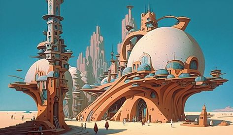 70s Futurism, Isometric Environment, Utopia Art, Alien City, Scifi Concept, Alien Stuff, Ing Civil, Retro Scifi, Moebius Art