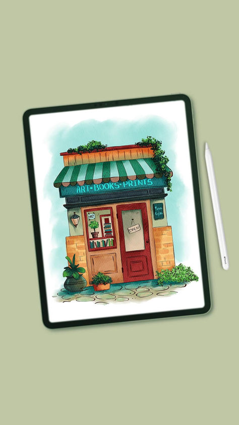 Cute watercolor bookstore illustration in Procreate Digital Painting For Beginners, Bookstore Illustration, Digital Illustration Tutorial, Procreate Ipad Tutorials, Gambar One Direction, Ipad Tutorials, Procreate Ipad Art, Ipad Drawings, Digital Art Beginner