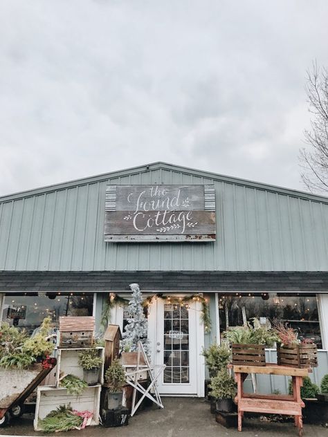 Rustic Storefront Ideas, Cottage Store Front Ideas, Antique Store Exterior, Antique Shop Exterior, Rustic Store Fronts, Farm Shop Ideas, Farm Store Decor, Dusty Blue Paint, Cottage Store