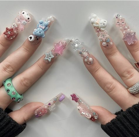 3d Nail Charms Acrylic Nails, Nails Full Of Charms, Chunky Nail Charms, Chunky Charm Nails, Nails With Big Charms, Decora Nails, Harajuku Nails, Junk Nails, Nail Jewels