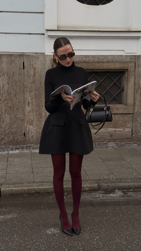 An elevated everyday look. The dress for every season whether it be winter or summer. She's the perfect LBD you've been dreaming of. White Dress Black Tights Winter, Midi Dress With Tights, Dress Stockings Outfit, Paris Autumn Outfit, Lbd Outfit, Burgundy Outfits, Preppy Chic Outfits, Dress And Tights, Strapless Dress Black