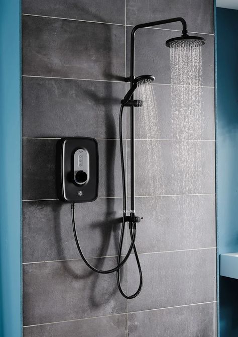 Electric Shower Over Bath, Electric Showers Modern, Electric Shower Ideas, Overhead Shower Head, Rental Bathroom, Shower Black, Electric Showers, Shower Head Holder, Digital Showers