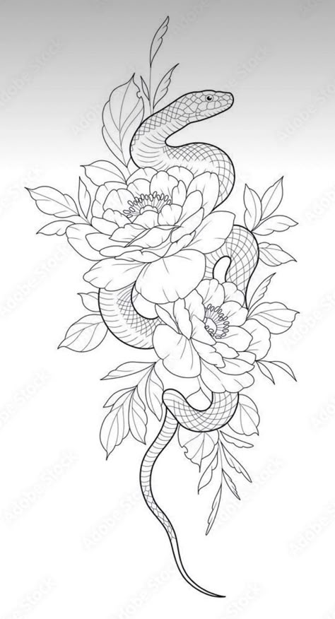 Snake Tattoo Designs For Women, Snake Flower Back Tattoo, Snake And Lotus Flower Tattoo, Upper Arm Tattoos For Women Stencil, Snake And Poppy Tattoo, Boho Rose Tattoo, Snake In Flowers Tattoo, Mandala Snake Tattoo, Men Tattoo Stencil Design