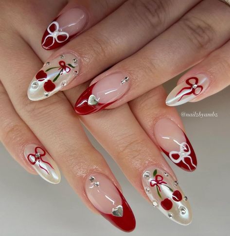 Red Nails For Summer, Chrome Red Nails, Red Nails Art, Cherry Nail Art, Bow Nail Designs, Chrome Red, Hello Nails, Gel Glue, Cherry Nails