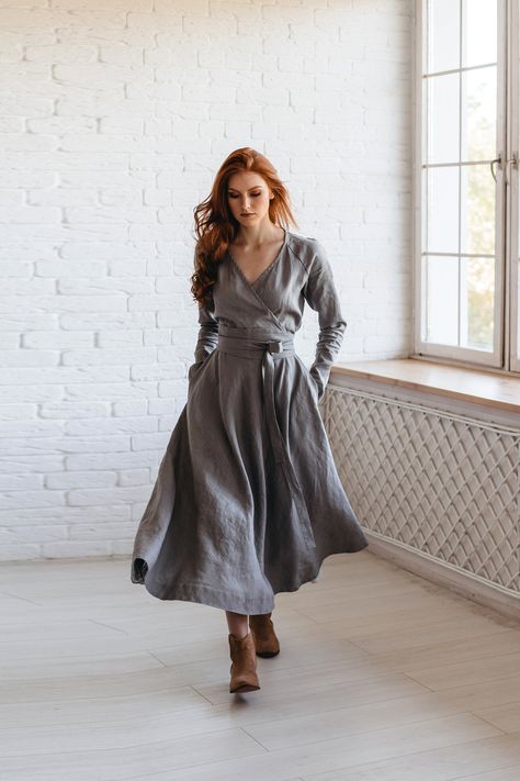 Light Witch Outfit, Linen Clothing For Women, Midi-length Linen Dress For Fall, Fitted Linen Dresses For Larp, Linen Clothes For Women Classy, Academia Chic, Fall Linen V-neck Dress, Wrap Top Dress, Linen Dress Outfit