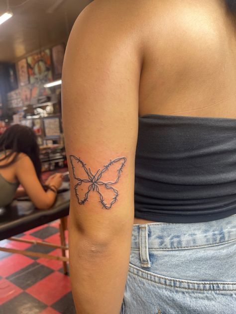 Spine Tattoos Barbed Wire, Butterfly With Barbed Wire Tattoo, Barbed Wire Heart Tattoo Placement, Butterfly With Thorns Tattoo, Barbed Wire Wrap Tattoo, Collar Bone Tattoo Barbed Wire, Barb Wire Heart Tattoo Knee, Barb Wire Spine Tattoo, Edgy Women Tattoo