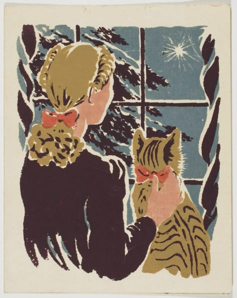 Philadelphia Museum of Art - Collections Object : Christmas Card by Cynthia W. Iliff, also known as Cynthia Iliff Koehler Illustration Kunst, Vintage Cartoons, Philadelphia Museum Of Art, Christmas Past, Vintage Greeting Cards, Vintage Christmas Cards, Christmas Paintings, Christmas Illustration, Vintage Cat