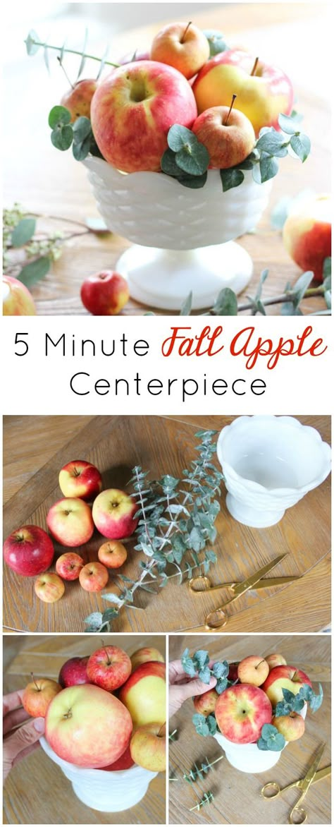 A simple and elegant apple centerpiece to decorate your table for fall! Apple Party Centerpieces, Fall Apple Party Decorations, Apples And Sunflowers Decor, Apple Fall Decor Ideas, Apple Theme Table Decorations, Apple Theme Centerpieces, Fall Apple Centerpieces For Table, Apple Flower Arrangements, Early Fall Tablescapes