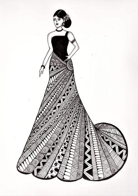 Girl in beautiful gown portrait mandala art | Western long dress drawing | Doodle/ Zentangle pen art Western Dresses Drawing, Long Dress Drawing, Western Long Dress, Doodles Artwork, Zantangle Art, Mandala Arts, Gown Drawing, Boho Art Drawings, Mandela Art