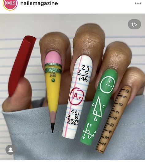 Gel Liner Nail Art, Teacher Nail Art, Fun Nail Designs, Baby Blender, Teacher Nails, Sunflower Acrylic, Pencil Nails, Hot Nail Designs, Glitter Liner