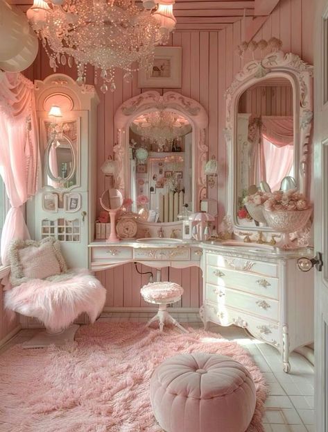 Marie Antoinette Bedroom Aesthetic, Posh Room Aesthetic, Pink Cottagecore Decor, Cocette Room Decor, Girly Pink Bedroom Princesses, Princess Core Bedroom, Fancy Room Ideas, Cocette Room, Coquette Interior Design