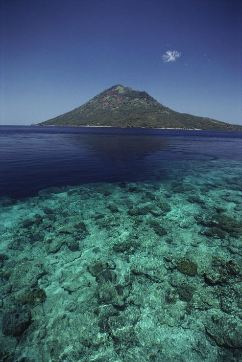 ✮ Indonesia - View of Manado Tua Island from Bunaken Island, coral reef, blue ocean North Sulawesi, Palau, Manado, Beautiful Places To Visit, Coral Reef, Places Around The World, Blue Water, Dream Vacations, Blue Ocean