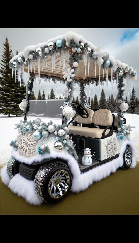 🏆 21 Genius Golf Cart Decorating Ideas That Will Make You the Star of Every Event! 🎉 White And Silver Decorations, Golf Cart Decorating Ideas, Cart Decorating Ideas, Christmas Exterior, Golf Cart Decorations, Disney Golf, Christmas Parade Floats, Silver Decorations, Fur Blankets