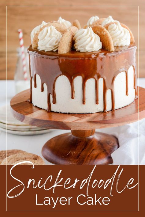 My Snickerdoodle Layer Cake includes three layers of light, airy cinnamon cake filled with cinnamon cream cheese frosting and snickerdoodle cookie crumbles and topped with cinnamon ganache drip. #snickerdoodle #snickerdoodlecake #cinnamonganache #dripcakes #snickerdoodlerecipes #thecakechica Snickerdoodle Cake With Cinnamon Cream Cheese Frosting, Snickerdoodle Birthday Cake, Homemade Cake With Filling, Snickerdoodle Cookie Cake, Cinnamon Ganache, Homemade Cinnamon Cake, Snickerdoodle Cake Recipe, November Cake, Snickerdoodle Recipes