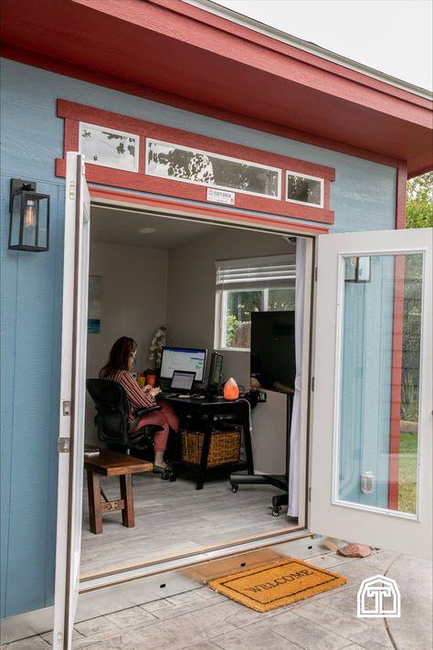 She Shed Desk, Shed Office Ideas Backyards Interior, Office Shed With Bathroom, She Shed Guest Room, Turning A Shed Into An Office, She Shed Office Work Spaces Backyard Studio, Turn Shed Into Office, Detached Home Office, Convert Shed To Office