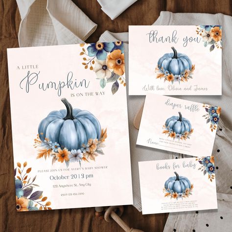 Little Pumpkin Baby Shower Invitation Bundle, Blue Floral Gender Neutral Pumpkin Theme Baby Shower Fall Autumn Invitation Template Set BS18 Pumpkin Baby Shower Theme Boy, Pumpkin Theme Baby Shower, Boho Pumpkin, Neutral Shower, Autumn Invitations, Dashboard Header, Blue Pumpkins, Pumpkin Baby, Baby Shower Pumpkin