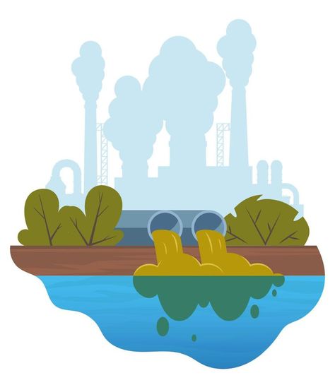 Dirty water stems from the pipe polluting the river. Discharge of liquid chemical waste. Factory in the background. The danger for the environment. Flat vector illustration for infographics. Advertisement Illustration, Chemical Waste, Liquid Waste, Water Illustration, Flat Vector Illustration, Water Pollution, Dirty Water, Flat Vector, Water Pipes