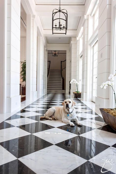 Checkerboard Tile, Elegant Hallway, Black And White Hallway, White Hallway, Marble Flooring Design, Foyer Flooring, Checkerboard Floor, White Marble Floor, Black And White Interior