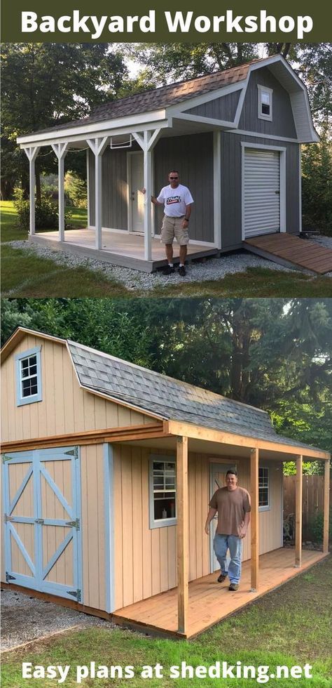 Small Barn Plans, Backyard Workshop, Workshop Building, Roll Up Garage Door, Barn Style Shed, Shed With Loft, Shed With Porch, Backyard Barn, Workshop Shed