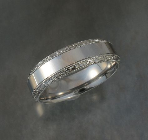 Man's hand engraved palladium wedding band by J. Roettger Jewelers, via Flickr Men Engagement Ring For Him Silver, Jack Hawthorne, Mens Engraved Wedding Bands, Marriage For One, Mens Engagement Rings Silver, Engagement Ring For Him, Mens Ring Designs, Engraved Wedding Rings, Wedding Band Engraving