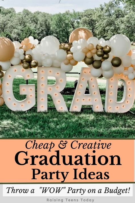 Throw a "WOW" Party on a budget with these easy, cheap and creative graduation party ideas! #graduation #graduationparty #graduationpartyideas #gradpartytips #graduationdecor #graduationfood #graduationpartytips Graduation Party Colors Schemes, Graduation Party Decor 2023, Senior Graduation Party Ideas 2023, Drop In Graduation Party Ideas, Cool Graduation Party Ideas, Winter College Graduation Party Ideas, Graduation Banner Ideas High Schools, Girls High School Graduation Party Ideas, Graduation Party Ideas Decorations 2023