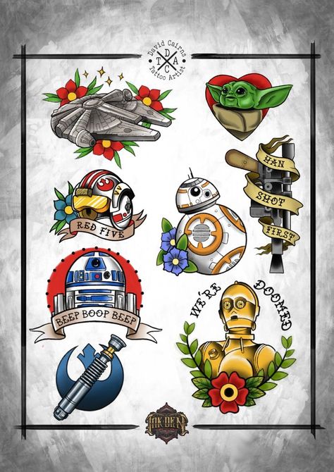 Some Start Wars neo trad flash that David would love to get onto your skin! Which one is your favourite??? #starwars #flash #flashsale #babyyoda #blackpool #inkden #geek #geektattoo R2d2 Traditional Tattoo, Star Wars Trad Tattoo, American Traditional Millenium Falcon, Traditional Star Wars Tattoo Flash, Traditional Tattoo Art Star Wars, Traditional Style Star Wars Tattoo, Star Wars Traditional Tattoo Design, Neo Trad Star Wars Tattoo, Start Wars Tattoo