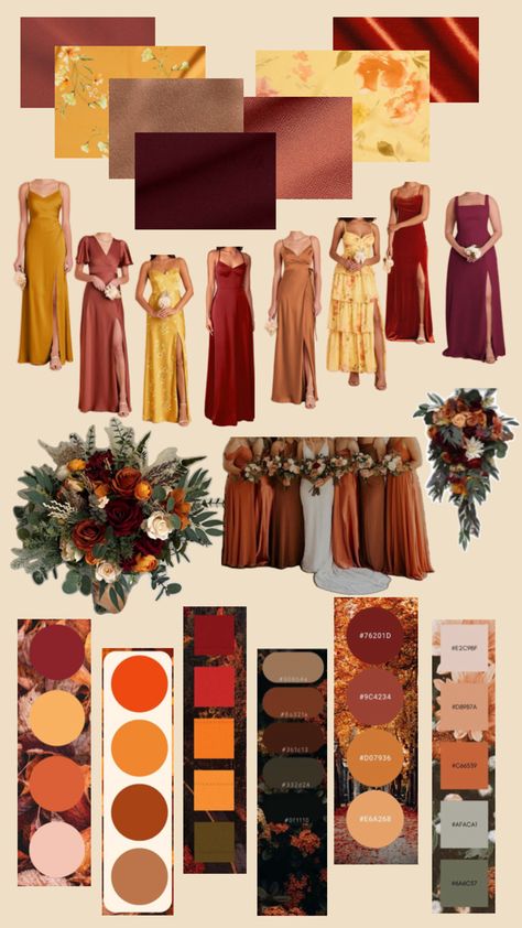 Fall Bridesmaid Color Scheme, Fall Wedding Color Schemes October Bridesmaid Dress, Autumn Wedding Theme Color Schemes, Autumn Bridesmaid Dresses Color Palettes, Warm Color Wedding Theme, 70s Wedding Color Palette, Bridesmaid Themes Color Schemes, Mix And Match Bridesmaid Dresses Summer, Fall Bridesmaid Colors