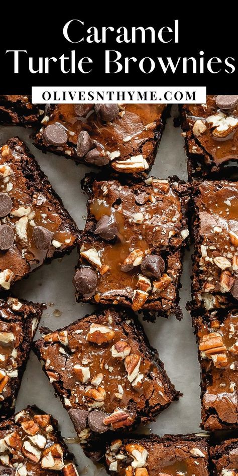 Turtle brownies are rich and fudgy brownies topped with a layer of salted caramel sauce, chopped pecans and sweet chocolate chips. These caramel brownies are the ultimate indulgence and taste just like the turtle candy. Brownie Flavors, Caramel Topped Brownies, Frosted Brownies, Caramel Pecan Brownies, Turtle Brownies From Scratch, Salted Caramel Pecan Brownies, Sea Salt Caramel Brownies, Ultimate Turtle Brownies, Caramel Turtle Brownies