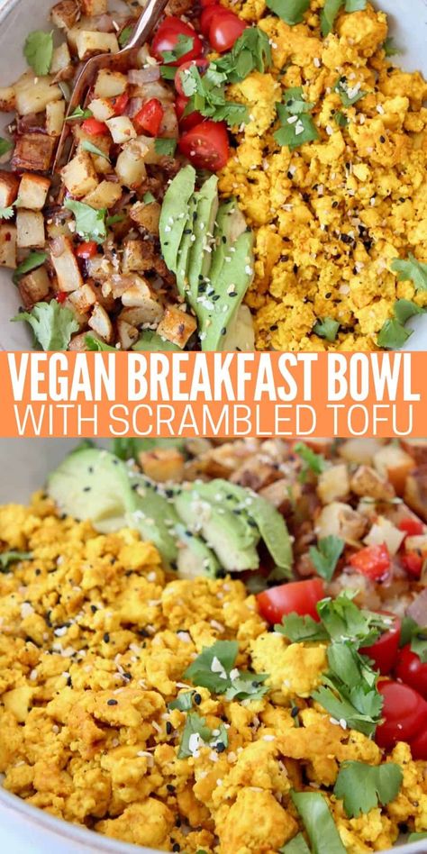 Make THE BEST Tofu Scramble and add it to a burrito bowl with roasted potatoes and avocado for an easy and delicious vegan breakfast recipe! The tofu scramble is seasoned with nutritional yeast and turmeric to give it a bright yellow, eggy color. This high-protein, gluten-free and vegan bowl is made in just 30 minutes and is perfect for breakfast, but also delicious for dinner! Sub the potatoes with spinach for a low carb bowl. Healthy Mexican Breakfast, Vegan Breakfast Tacos, Easy Vegan Breakfast, Tofu Breakfast, Scrambled Tofu, Tofu Tacos, Flexitarian Diet, Mexican Breakfast, Gluten Free Dishes