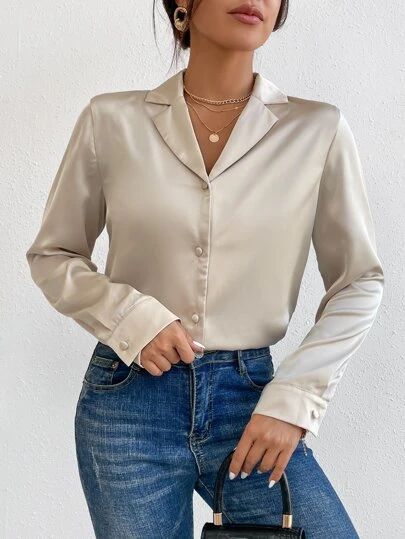 Lapel Shirt Women, Satin Shirt Design For Women, Satin Shirts For Women Classy, Satin Long Sleeve Top Outfit, Silk Shirts For Women Classy, Satin Shirt Outfit Jeans, Satin Shirts For Women Outfit, Satin Tops Blouses Classy, Shomiz Blouses