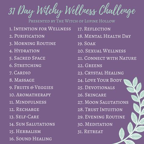 31 Day Witchy Wellness Challenge - July 2018 Wellness Challenge, Wiccan Spell Book, Witchcraft For Beginners, Mental Health Day, Nutrition Education, 31 Days, Sound Healing, 30 Day Challenge, The Witch