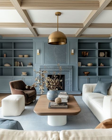 Future Home • Instagram Chic Basement Ideas, White Blue Interior Design, Blue Wall Living Room, Light Blue Living Room, Zen Office, Blue And Green Living Room, Blue Walls Living Room, Hamptons Interior, Coastal Office