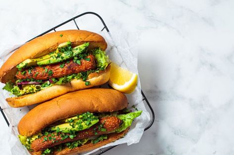 Vegan Carrot Hot Dogs with Cilantro Sauce Carrot Hot Dogs, Vegetarian Hot Dog, Hot Dog Bun, Integrative Nutrition Health Coach, Grilled Carrots, Grilling Hot Dogs, Steamed Carrots, Grilled Avocado, How To Cut Avocado