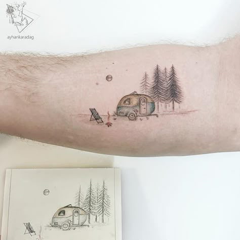 Small Camping Tattoo, I Made It Tattoo, Camping Tattoo Ideas, Tattoo Camping, Camping Tattoo, Mother Nature Tattoos, Octopus Tattoos, Explore Tattoo, Forest Tattoos