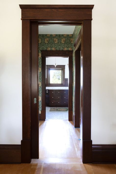 Painted Moldings And Trim Bathroom, Victorian Trim Interior, Antique Trim Molding, Craftsman Chair Rail Trim, Dark Trim With White Doors, Wood Doorway Casing, Traditional Trim Styles, Antique Moldings And Trim, Walnut Window Trim