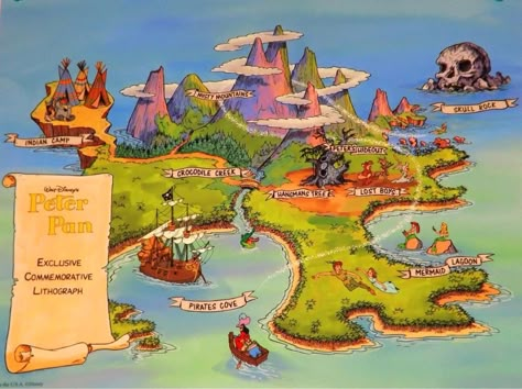 Let's check out some of the most unique Disney animated locations we'd most love to visit! Map Of Wonderland, Neverland Map, Neverland Party, Peter Pan Nursery, Peter Pan Tinkerbell, Second Star To The Right, Peter Pan Disney, Peter Pan And Tinkerbell, Pirates Cove