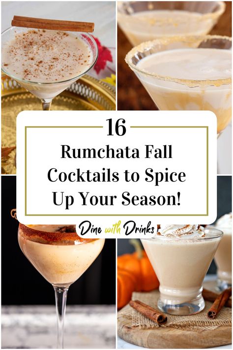 Collage of 4 rumchata fall cocktails. Fall Drinks With Rum Chata, Rumchata Fall Cocktails, Run Chata Recipes, Pumpkin Rumchata Pudding Shots, Rumchata Fall Drinks, Hot Rumchata Drinks, Fall Rumchata Drinks, Easy Fall Drinks Alcohol Recipes, Drinks With Rum Chata Recipes