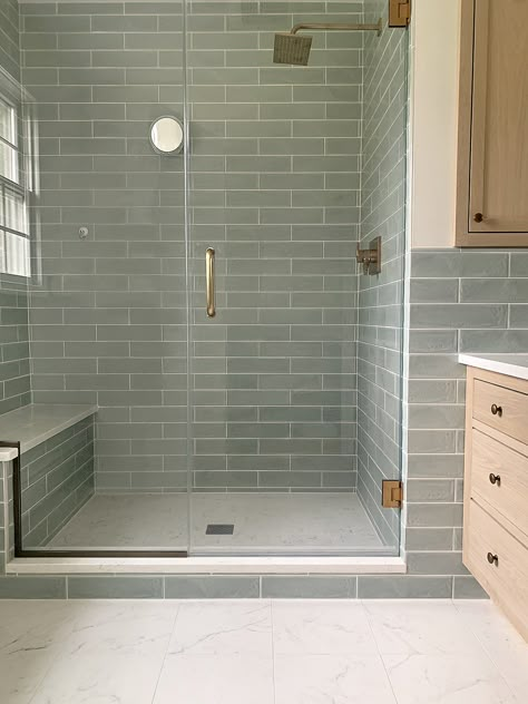 Bathroom With Green Tile Walls, Bathroom Green Subway Tile, Pale Green Tiles In Bathroom, Olive Shower Tile, Light Green Shower Tile Bathroom, Bathroom With Green Shower Tile, Bathroom With Green Subway Tile, Green Subway Tile Shower Ideas, Aesthetic Bathroom Floor Tile