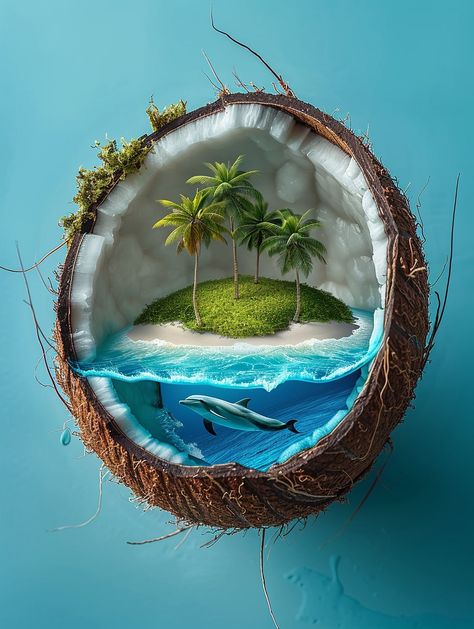 Prompt 👉Bird's eye view, looking down, half opened coconut shell, you can see the white coconut meat inside, there is an ocean inside the coconut meat, (there is an island, lawn, beach, palm trees, ocean, dolphins inside the coconut shell), blue background, high resolution, high detail and high quality island scenery style. product photography, 16k, masterpiece 👉 if Like, please Follow and Share AI Graphics Studio 👇Contact on WhatsAPP: http://tiny.cc/aigraphicsstudio #aigraphicsstudio #AI #... Nature 3d Art, Coconut Pictures, Ocean Dolphins, Galactic Art, Island Scenery, 3d Relief Art, Coconut Meat, Nature 3d, Beach Palm Trees