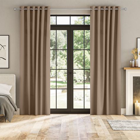 Brown Curtains Bedroom, Woven Wood Window Treatments, Cozy Curtains, Beige Curtains Living Room, Light Brown Bedrooms, Wood Window Treatments, Curtains Beige, Tan Curtains, Curtains Style