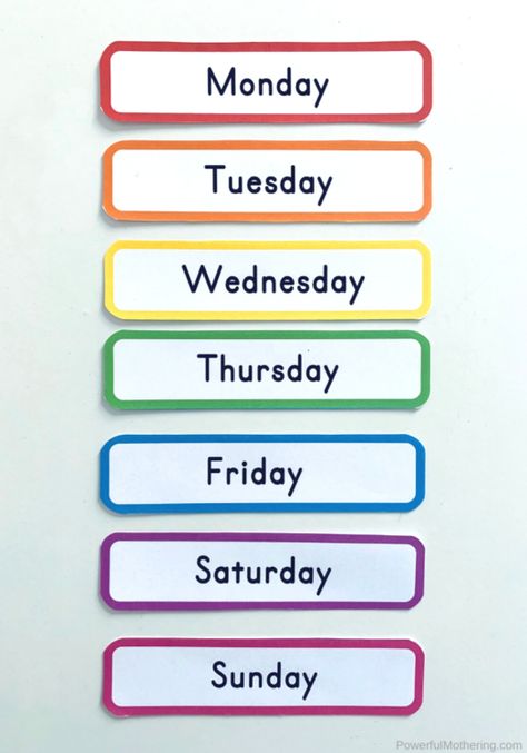 Printable cards or labels for the Day Of The Week. These can be used for games, labels, calendars, flash cards, and more! Perfect for homeschool, preschool or kindergarten classroom! #daysoftheweek #preschoolactivities #calendartime Labels For Preschool Classroom, Days Of The Week Printables Preschool, Kindergarten Days Of The Week Printable, English Flash Cards, Preschool Days Of The Week Printables, Preschool Charts Printable, Learning Games For Kindergarten, English Charts For Classroom, How To Make Flash Cards