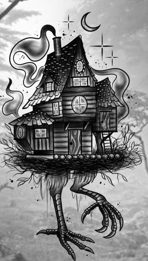 Baba Yaga House Tattoo, Baba Yaga Tattoo, Babayaga Tattoo, Traditional Tattoo Black And White, Baba Yaga House, Witch Hut, Bright Colors Art, Fairy Tale Cottage, Baba Jaga