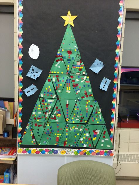 Christmas Tree Triangles, December Classroom Activities, Triangle Christmas Tree, Bulletin Board Tree, Christmas Doors, Wall Christmas Tree, Classroom Christmas, Tree Study, Christmas Kindergarten