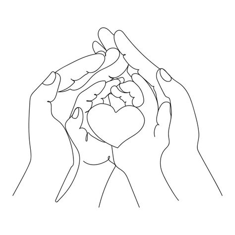 Little baby hands with heart in adult parental hands of mom and dad,One line art drawing Minimal design vector illustration.Happy family,care,child protection concept. Happy Line Art, 4 Children Tattoos For Moms, Family Of 4 Drawing, Parent And Child Drawing Reference, Parents Drawing, Mom Line Art, Baby Hand Tattoo, Family Line Drawing, Family Drawing Illustration