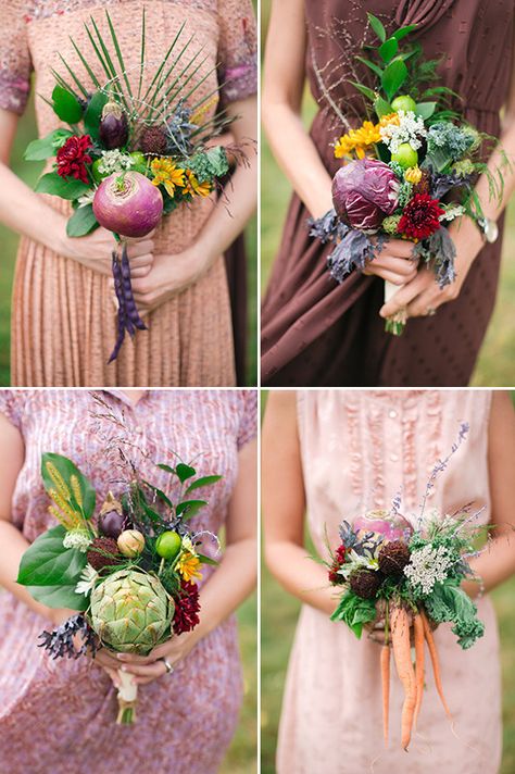 Organic vegetable bridesmaid bouquets Red Velvet Wedding Cake, Vegetable Bouquet, Storybook Gardens, Foodie Wedding, Edible Bouquets, Home Grown Vegetables, Bridesmaid Bouquets, Organic Farm, Wedding Chicks