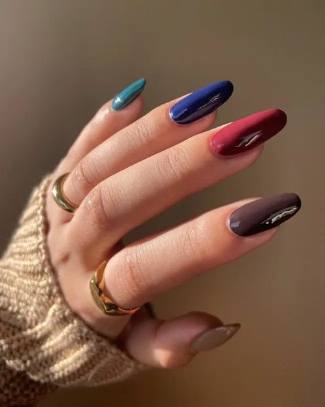 Stunning and Fashionable: 45 Fall Nail Ideas Solid Colour Nail Designs, High Contrast Nails, Dark Multi Colored Nails, Fall Color Block Nails, Colorful Winter Nails, Different Colour Nails On Each Hand, Both Hands Different Color Nails, Bright Fall Nails, Nails Different Colors