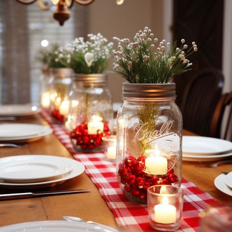 Mason Jar Christmas Table Decor, Mason Jar Lights Christmas, Mason Jar Tea Lights Christmas, Christmas Decor Ideas Mason Jars, Christmas Centerpieces Mason Jars, Winter Mason Jar Centerpieces, Christmas Mason Jars Centerpieces, Christmas Vase Centerpiece Ideas, Mason Jar Centerpieces Christmas